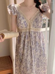 Women's Sleepwear Korean Kawaii Lounge Nightdress Women Summer Sweet Cotton Lace Print Sleeveless Ruffles Nightgowns Victorian Princess