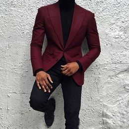 Fashion Burgundy Groom Tuxedos Two Button Slim Fit Groomsmen Men Business Formal Suit Party Prom SuitJacket Pants 2391