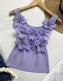 Women's Tanks European And American Clothing 2024 Summer Casual Flower Pattern Beaded Knitted Vest