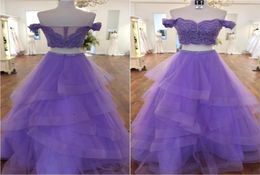Light Purple Two Pieces Prom Dresses Off Shoulder Appliques Beaded Tiered Tulle Skirt Ball Gown Prom Dresses Mint Green Sweet 16 D5199485