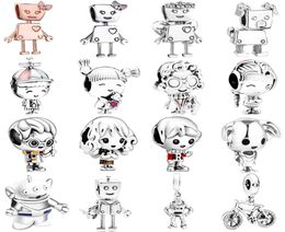 New Robot Dog 925 Sterling Silver Charm Boy Girl Enamel Pendant Bead Fits Bracelet DIY for Women Jewellery Accessories No0139862830