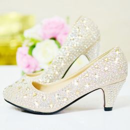 Shiny Crystal 2015 Wedding Shoes 5cm Medium Heel Sequined Bridal Shoes Rhinestone Silver Prom Party Shoes Red and Gold 258G