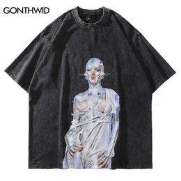 Distressed Oversized T-shirt Street Clothing Hip Hop Retro Robot Graphic Printing T-shirt Mens Harajuku Casual Short sleeved T-shirt 240429