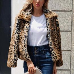 Women's Jackets VOLALO Fashion Leopard Coat For Women Autumn Winter Long Sleeve Short Warm Faux Fur Wool Lapel Crop Jacket Outwear Casaco