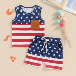 Clothing Sets Sleeveless Summer Children Boy Clothes Set Stripe&Star Print Pocket Tank Tops With Shorts 2Pcs Kids Outfit For Independence