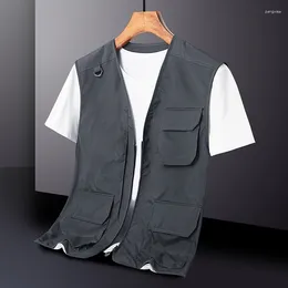 Men's Vests Mesh Quick Drying Vest 2024 Summer Solid Colour Multi Pocket Tactical V-neck Cargo Jacket Casual Breathable Tank Top