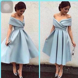 Light Sky Blue Tea Length Prom Dresses off Shoulder Plus Size A Line Satin Women Vestidos Cocktail Party Gowns 257x