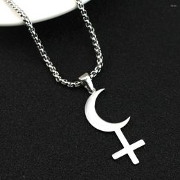 Chains Religious Moon Cross Lilith Symbol Pendants Necklace For Women Silver Colour Stainless Steel Charms Astrological Jewellery