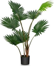 Decorative Flowers 4FT Artificial Fan Palm Tree Potted Fake Tropical Faux With 8 Verdant Leaves Cement Pot Greenery Plant