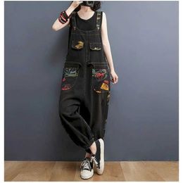 Women's Jumpsuits Rompers Denim Jumpsuits for Women Printed Ankle-Length Pants One Piece Outfit Women Rompes Loose Korean Style Casual Vintage Overalls Y240510
