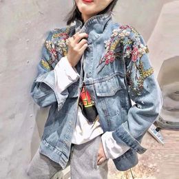Women's Jackets AYUALIN Hand Beaded Sequins Casual Outwear Floral Embroidery Vintage Loose Jean Coats Long Sleeve Autumn Denim For Women