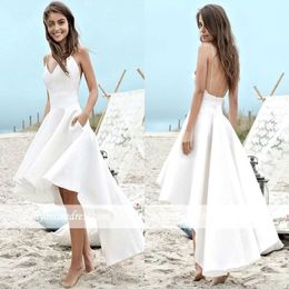 High Low Short Gowns Wedding Dresses 2022 A Line Summer Beach Boho Bridal Gowns Satin Backless Spaghetti Straps Party Gown BC0354 304L