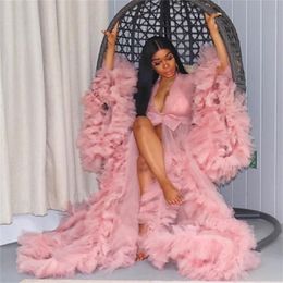 2023 Ruffles Pink Tulle Kimono Women Evening Dress Robe for Photoshoot Puffy Sleeves Prom Gowns African Cape Cloak Maternity Dress Phot 249y
