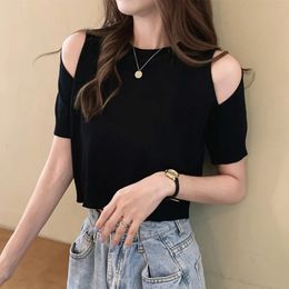 2023 Off Shoulder O Neck Knit Crop Top Women Summer Casual T Shirt Basic Sexy Streetwear Short Sleeve Tops Korean Tee 240429