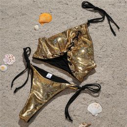 Women's Swimwear Shiny Gold Bikini Serpentine Swimsuit Halter Cross String Hollow Out Sexy Women Luxury Thong 2 Piece Beach Bathing Suit