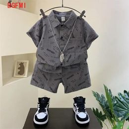 Clothing Sets Korean Kid Clothes 2024 Summer Boy Grey Outfit Suit Thin Short Sleeves Shirt Shorts Children's Top And Bottom Set