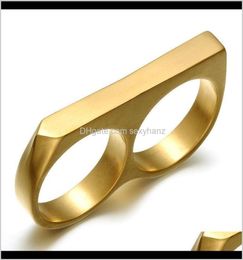 Band Rings Drop Delivery 2021 Personality Simple Punk Stainless Steel Gold Plating Two Finger Hip Hop Jewelry Double Fingers Ring 3111149