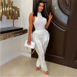 Women's Two Piece Pants Solid tank pants tassels two-piece set womens fashionable sleeveless tight fitting clothes top brushed high waist wide legsL2405