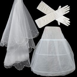 Wedding Petticoat Gloves Veil Set Cheap In Stock White Bridal Accessories For Ball Gown Wedding Dress Elbow Length Bridal Glove Crystal 288M