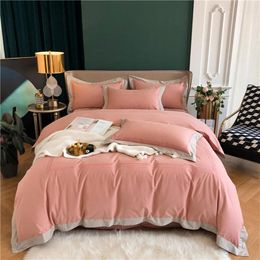 Bedding Sets 2024 Four-piece Simple Cotton Double Household Bed Sheet Letter Pattern Quilt Cover Comfortable Pink Gray