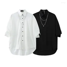 Men's Casual Shirts Loose Ice Silk Short Sleeved Shirt Irregular Three-quarter Sleeve Single Breasted Turndown Collar Solid Color Chain