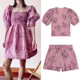 Party Dresses 2024 Summer Ladies Vintage Square Neck Purple Printed Waist Puff Sleeve Dress Shirt And Blouse