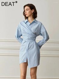 Casual Dresses Fashion Women Blue Stripe Shirt Dress Lapel Single Breasted Full Sleeves Waist Retraction Folds Spring 2024