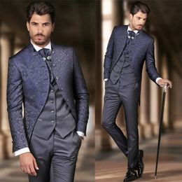 Gentlemen Navy Groom Wear Floral Pattern Royal Nobility Mens Designer Suits 3 Pieces Prom Party Men Clothes 2992