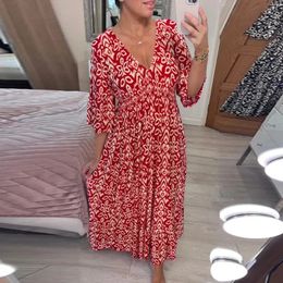 Summer Elastic Waist Long Dress Casual Vneck Short Sleeve Loose Party Dres Pattern Printed Bohemian Beach 240418