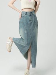 Skirts Front Split Denim For Women 2024 Fashion Vintage Slim Straight Skirt Chic Pockets Solid High Waist Midi Ripped