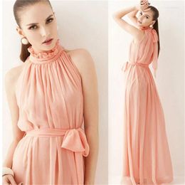 Casual Dresses Summer Seaside Beach Bohemian Dress Women Tie Bow Belt Sleeveless Tank Chiffon Ladies A Line Large Hem Long Maxi Vestidos