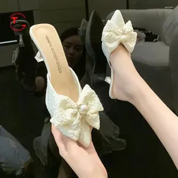 Slippers 2024 Summer Ladies Rhinestone Bow High Quality PU Heels Shoes Pointed Toe Mid Heel Sweet Style Women