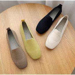 Casual Shoes 2024 Female Ballet Women Square Toe Flat Bottom Knit Fabric Daily Loafers Summer Soft Sole Breathable Mesh Drive