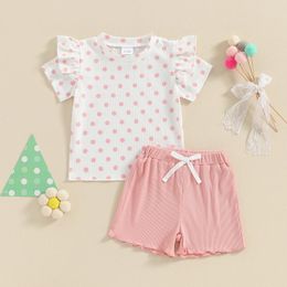 Clothing Sets Ruffle Short Sleeve Children Girls Clothes Summer Toddler Outfits Dot Print Ribbed T-Shirts Shorts 2Pcs Set