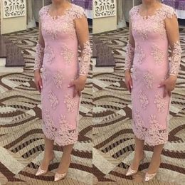 2019 Pink Formal Mother Of The Bride Dresses Long Sleeves Jewel Lace Applique Illusion Tea-Length Prom Party Evening Wedding Gowns 282v