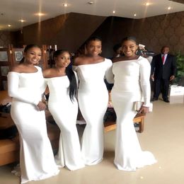 Nigerian African Elegant White Mermaid Bridesmaid Dresses Black Girls Floor Length Long Sleeves Maid of Honour Gowns Cheap Formal Wear 188d