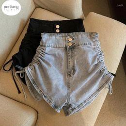 Women's Shorts PERITANG Women Retro Streetwear Trendy Femme Shirring Comfortable Leisure All-match Ly High Waist Design Chic