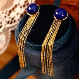 Dangle Earrings Long Fringed Lapis Lazuli For Women Inlaid With Ancient Gold Craftsmanship Charm Elegant Light Luxury High-end Jewelry