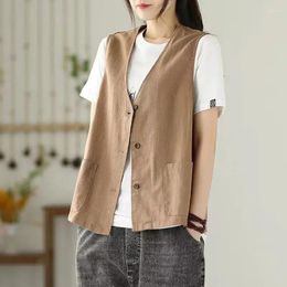 Women's Vests Temperament Sleeveless Comfortable Tops Pocket Clothing Ladies Solid Cardigan Spring Autumn Office Lady Vintage Coat