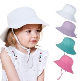 Children Bucket Hats Cotton Kids Sun Hat Solid Floral baby Sunhat Toddler Fishing Caps Boys Girls Summer Fisherman Cartoon Beach Style With Wind Rope