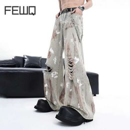 Men's Jeans FEWQ High Street Mens Denim Trousers Summer New Loose Niche Design Teared Personalised Bell Bottom Tie Dyed Hole 24X9085 Q240509