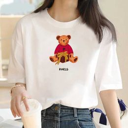 Women's T-Shirt Summer new cute bear short slve printed clothing women T-shirt Harajuku pattern fashion clothing women top off the boat T240508