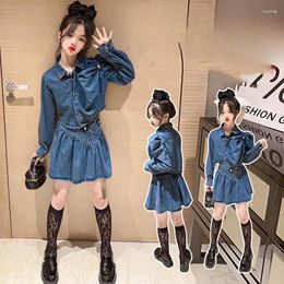 Clothing Sets 2024 Korean Spring Autumn Girl Children's Top And Bottom Set Junior Denim Bubble Sleeve Tops Skirt Girls 2PCS Clothes