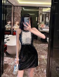 Casual Dresses High Street Fashion 2024 Women's Summer Tank Sleeveless Heavy Industry Embroidered Flares Sequins Spliced Black Mini Dress