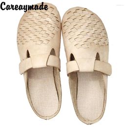 Casual Shoes Careaymade-Summer Women's Flat Bottomed Retro With Baotou Half Weave Slippers On The Outside Soft Sole Lazy