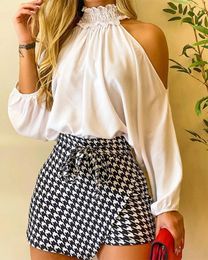 Women Frill Hem Shirred Neck Cold Shoulder Top Houndstooth Wrap Tie Front Shorts Set Autumn Sexy Bodycon Skirts Two Piece Suit 240509