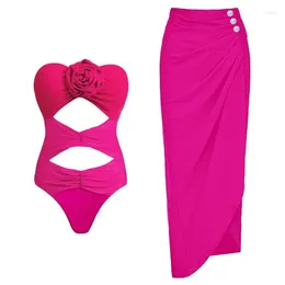 Women's Swimwear 2024 Swimsuit 3D Flower Decor Pink One Piece Women Vacation Beachwear Luxury Bathing Suit Sexy Bikini Two