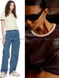 Women's T Shirts Retro Sports Style Contrast Ribbed Edge Emblem Print Wash Cotton Round Neck Short Sleeve T-shirt