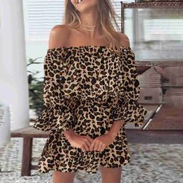 Urban Sexy Dresses Shoulder Mini Dress Womens Leopard Pattern Polka Dot Elegant Summer Dress Casual Loose Fashion Diagonal Neck Long Sleeve Party Dress d240510