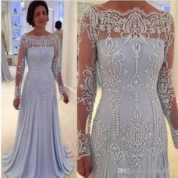 Elegant Scoop A-Line Chiffon Mothers Dresses Pearls Beads Lace Appliques Illusion Long Sleeves Mother of the Bride Dresses Evening Gown 264v